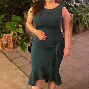 Green Cocktail Asymmetrical Midi Dress With Ruffles, Size L